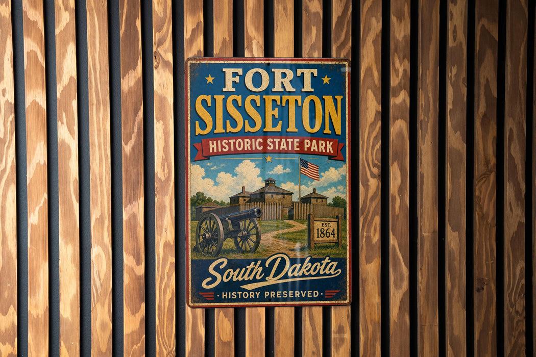 A vintage metal sign for Fort Sisset, Historic State Park in South Dakota, featuring an illustration of a cannon and a building.