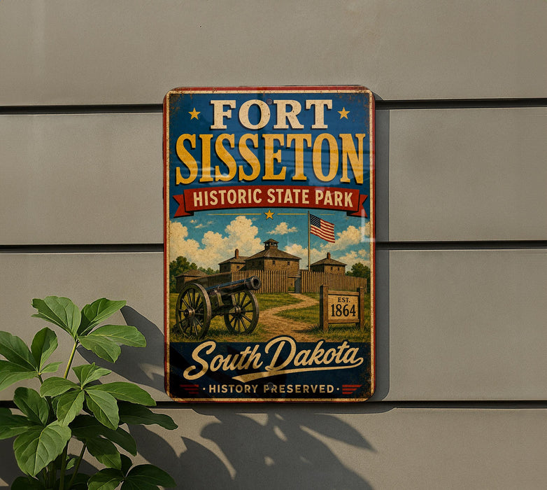 A vintage-style sign for Fort Sisset Historic State Park in South Dakota, featuring an illustration of a cannon and a building.