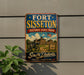 A vintage-style sign for Fort Sisset Historic State Park in South Dakota, featuring an illustration of a cannon and a building.