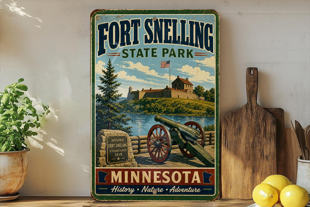 A vintage-style sign for Fort Snelling State Park in Minnesota, featuring a cannon, a stone wall, and a scenic landscape.