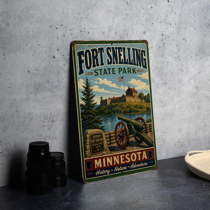 A vintage-style metal sign for Fort Snelling State Park in Minnesota, featuring a cannon and a scenic landscape.