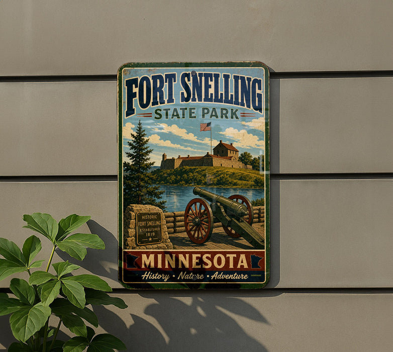 A vintage-style metal sign for Fort Snelling State Park in Minnesota, featuring a cannon, a castle, and a river.