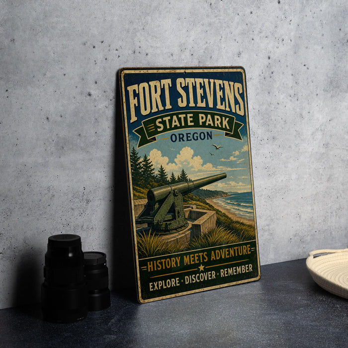 A vintage-style metal sign for Fort Stevens State Park in Oregon, featuring a cannon and a scenic landscape.