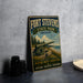 A vintage-style metal sign for Fort Stevens State Park in Oregon, featuring a cannon and a scenic landscape.