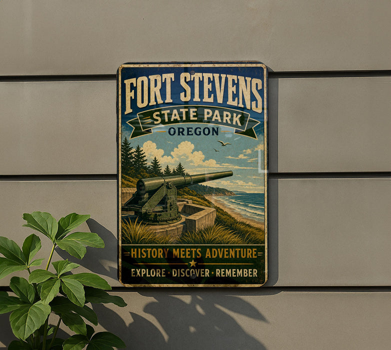 A vintage-style metal sign for Fort Stevens State Park in Oregon, featuring a cannon and a scenic landscape.