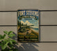A vintage-style metal sign for Fort Stevens State Park in Oregon, featuring a cannon and a scenic landscape.