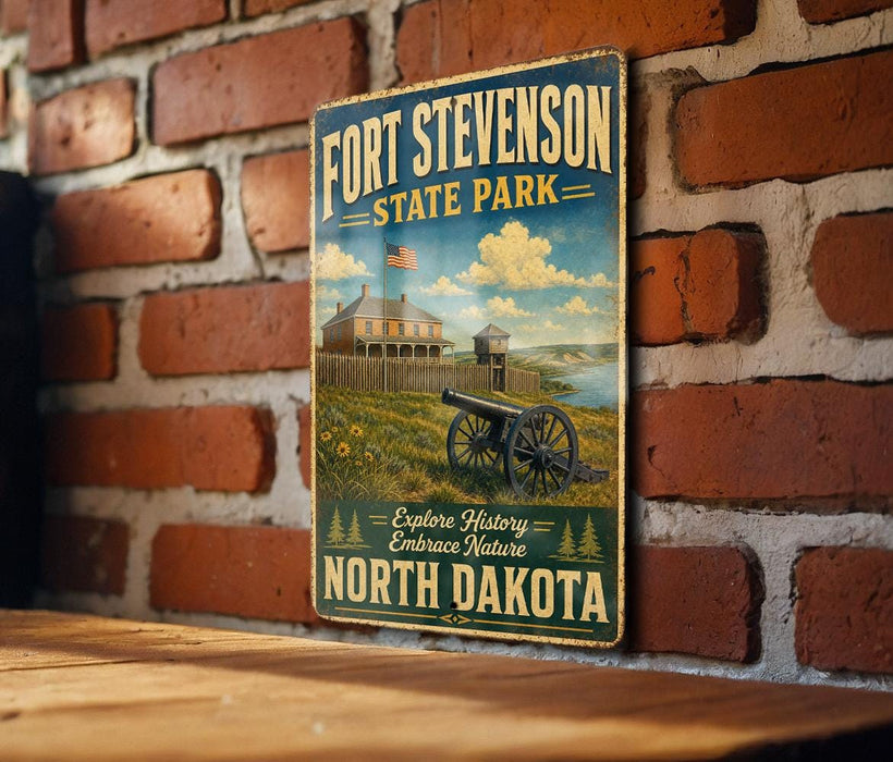 A vintage-style metal sign for Fort Stevenson State Park in North Dakota, featuring an illustration of a cannon and a house in a grassy field.