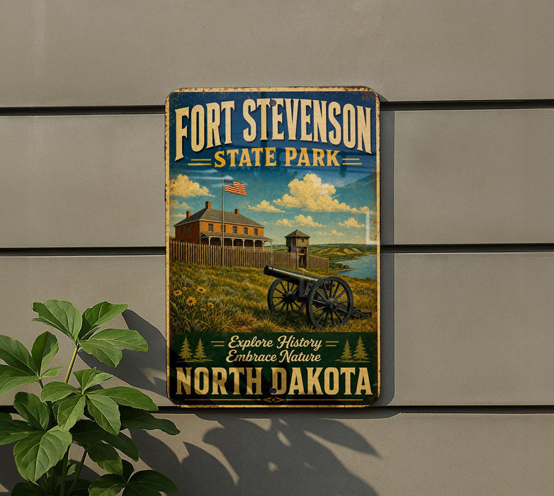 A vintage-style sign for Fort Stevenson State Park in North Dakota, featuring a cannon and a house in a rural landscape.