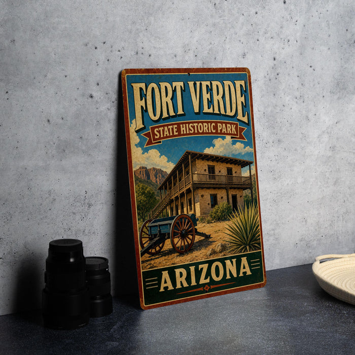 A vintage-style sign for Fort Verde State Historic Park in Arizona, featuring an illustration of a building and a wagon wheel.