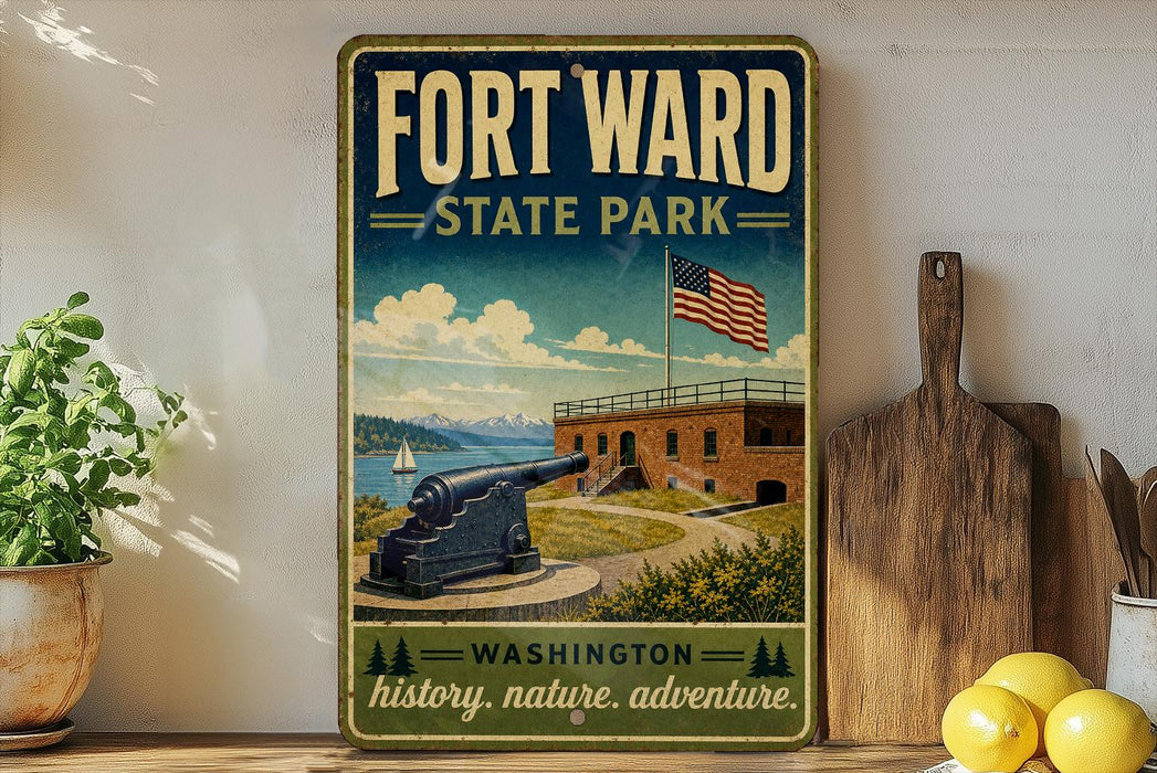 A vintage-style sign for Fort William State Park in Washington, featuring a cannon, a flag, and a scenic landscape.