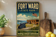 A vintage-style sign for Fort William State Park in Washington, featuring a cannon, a flag, and a scenic landscape.