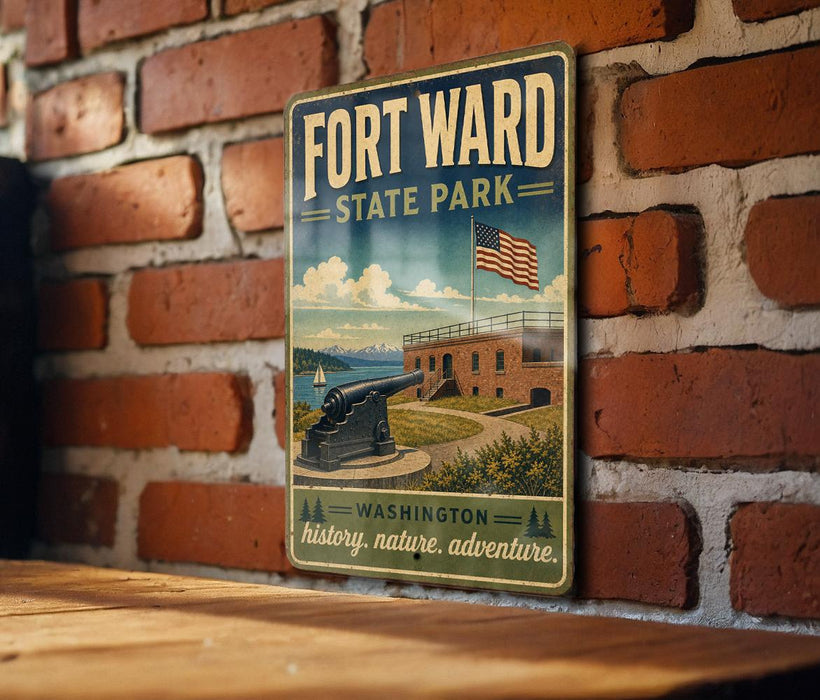 A vintage-style metal sign for Fort William State Park in Washington, featuring an illustration of the fort and surrounding landscape.