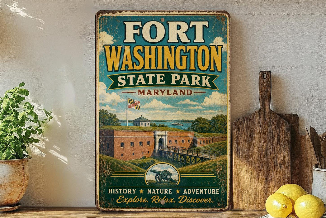 A vintage-style metal sign for Fort Washington State Park in Maryland, featuring an illustration of the fort and surrounding landscape.