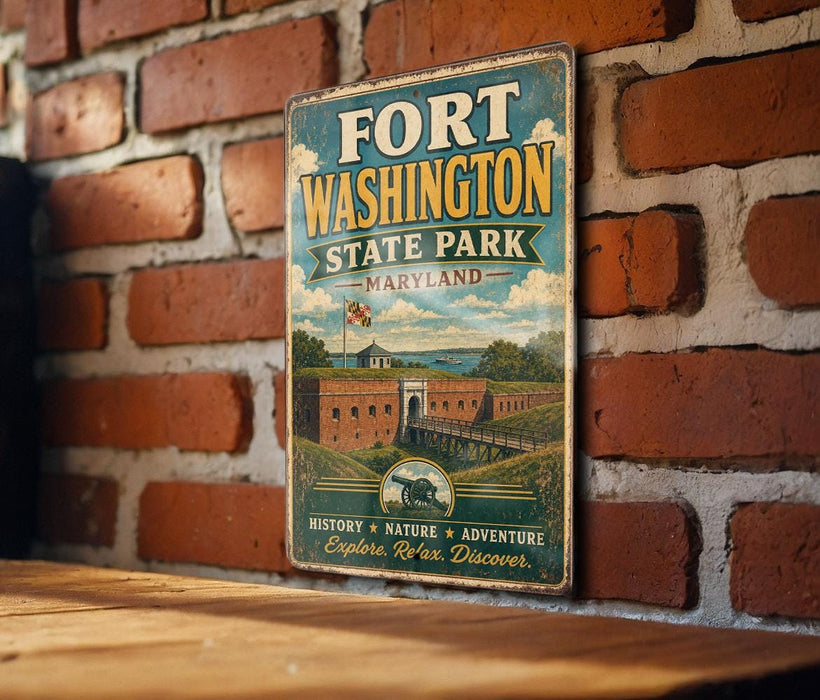 A vintage-style metal sign for Fort Washington State Park in Maryland, featuring an illustration of the park's historic fort and surrounding landscape.
