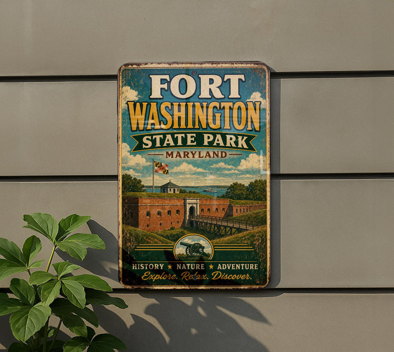 A vintage metal sign for Fort Washington State Park in Maryland, featuring an illustration of the fort and surrounding landscape.