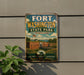A vintage metal sign for Fort Washington State Park in Maryland, featuring an illustration of the fort and surrounding landscape.