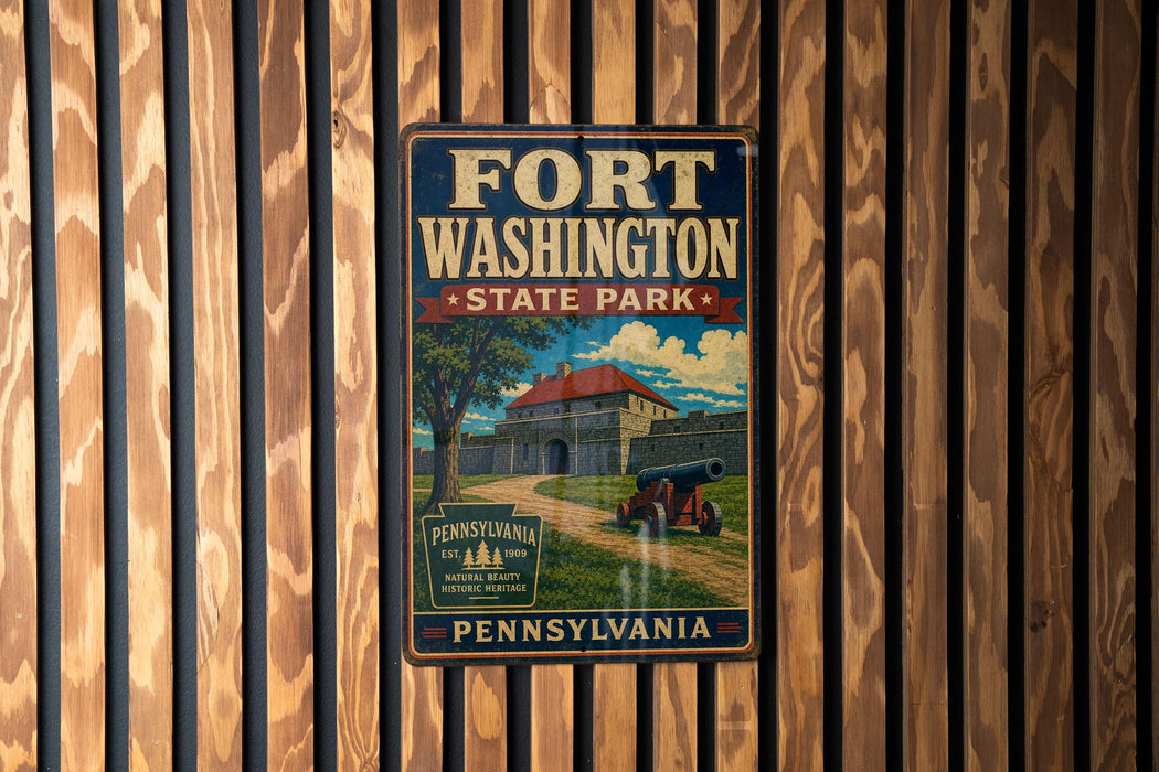 A vintage-style metal sign for Fort Washington State Park in Pennsylvania, featuring an illustration of a cannon and a building, mounted on a wooden fence.