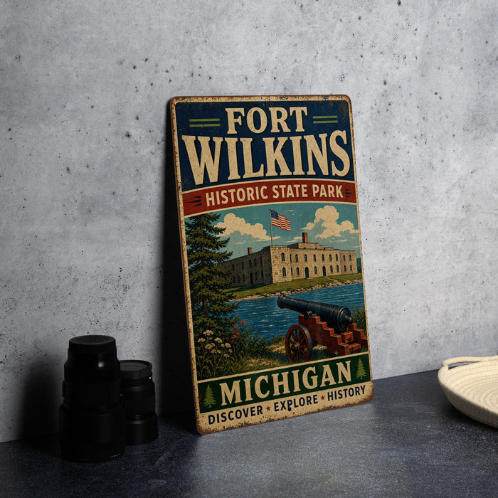 A vintage-style metal sign for Fort Wilkins Historic State Park in Michigan, featuring an illustration of the fort and surrounding landscape.