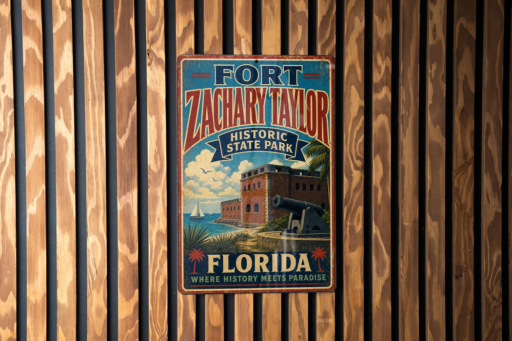 A vintage-style metal sign for Fort Zachary Taylor Historic State Park in Florida, featuring a tropical beach scene with palm trees and a cannon.