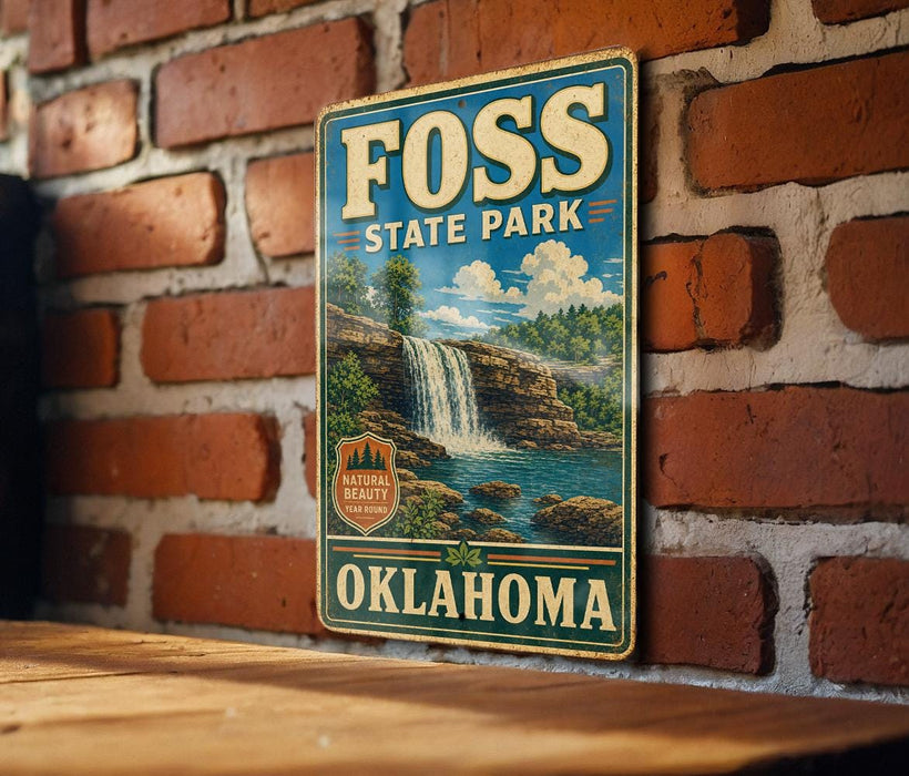 A vintage-style sign for Foss State Park in Oklahoma, featuring a waterfall and a scenic landscape.