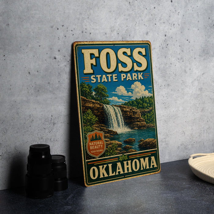A vintage-style sign for FOSS State Park in Oklahoma, featuring a waterfall and lush greenery, is displayed on a gray countertop.