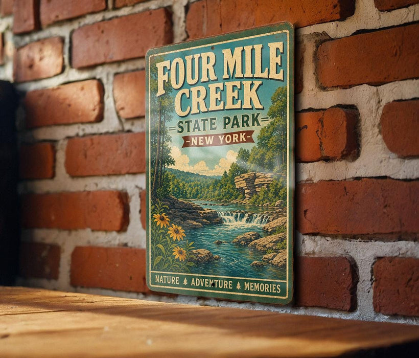 A vintage-style metal sign for Four Mile Creek State Park in New York, featuring a scenic illustration of the park's natural landscape.