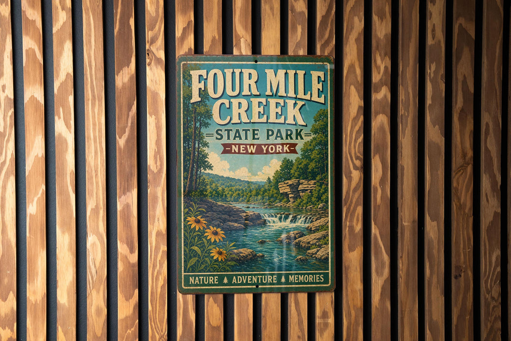 A vintage metal sign for Four Mile Creek State Park in New York, featuring a scenic illustration of the creek surrounded by nature and adventure.