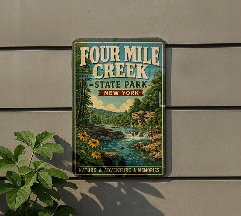 A vintage-style metal sign for Four Mile Creek State Park in New York, featuring a scenic landscape with a river, waterfall, and surrounding greenery.