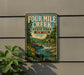 A vintage-style metal sign for Four Mile Creek State Park in New York, featuring a scenic landscape with a river, waterfall, and surrounding greenery.
