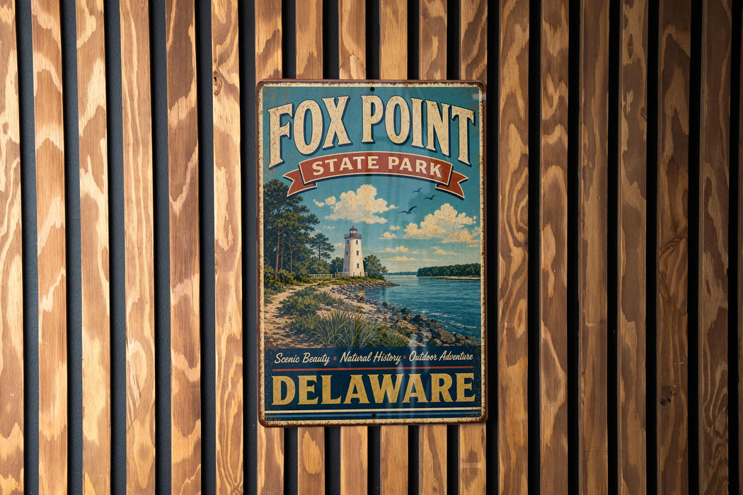 A vintage metal sign for Fox Point State Park in Delaware, featuring a lighthouse and a scenic landscape.