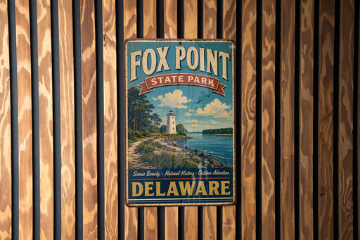 A vintage metal sign for Fox Point State Park in Delaware, featuring a lighthouse and a scenic landscape.