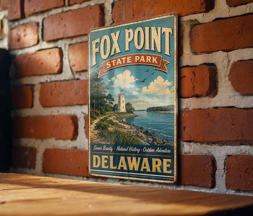 A vintage metal sign for Fox Point State Park in Delaware, featuring a lighthouse and a scenic landscape.