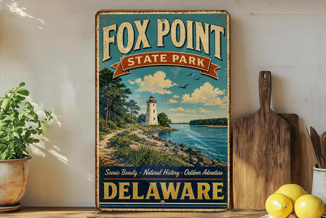 a vintage-style sign for Fox Point State Park in Delaware, with a lighthouse and a scenic landscape in the background.