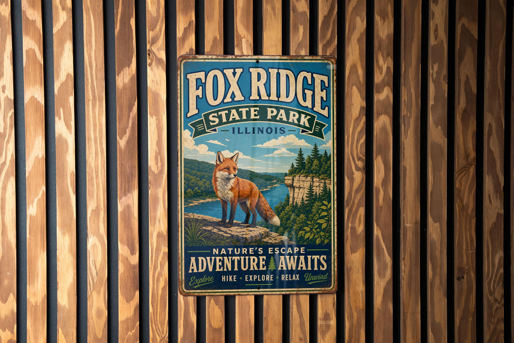 A vintage metal sign for Fox Ridge State Park in Illinois, featuring an illustration of a fox in a forest setting.