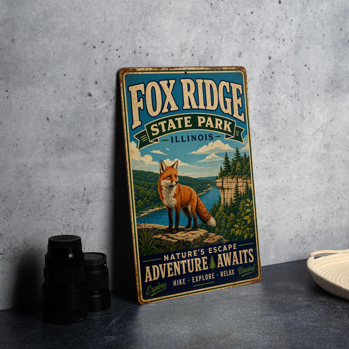 A vintage metal sign for Fox Ridge State Park in Illinois, featuring an illustration of a fox in a forest setting.