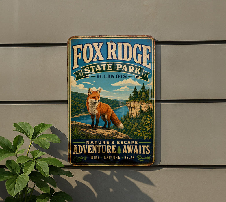 A vintage metal sign for Fox Ridge State Park in Illinois, featuring a fox in a scenic landscape.