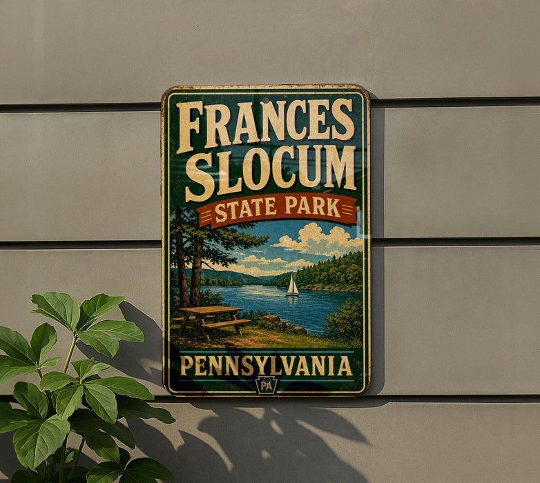 A vintage-style metal sign for Frances Slocum State Park in Pennsylvania, featuring a scenic landscape with a lake, trees, and a sailboat.