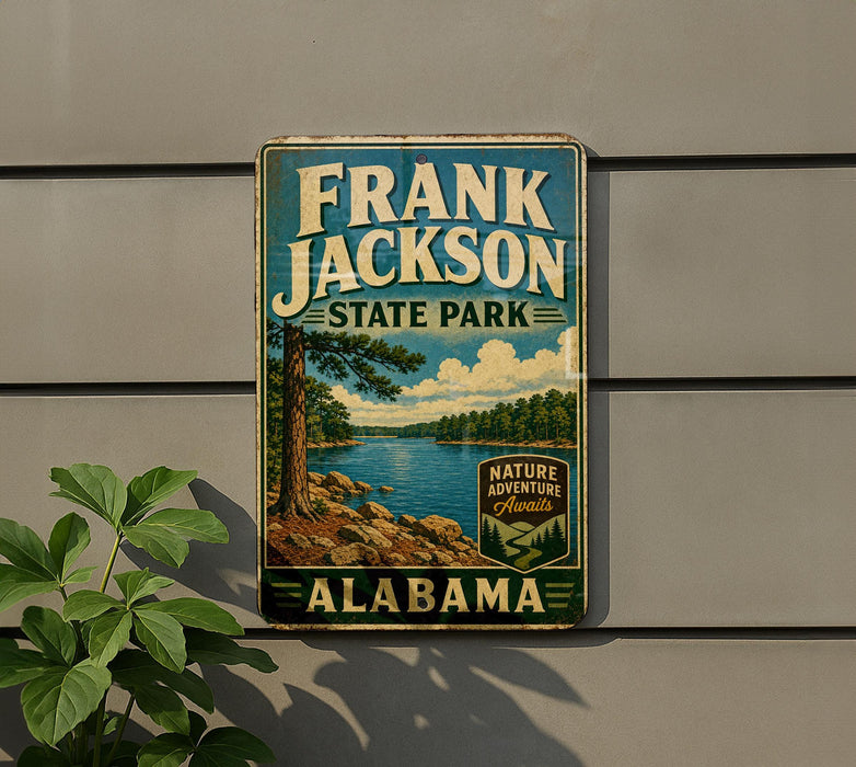 A vintage-style sign for Frank Jackson State Park in Alabama, featuring a scenic landscape with a lake and mountains.
