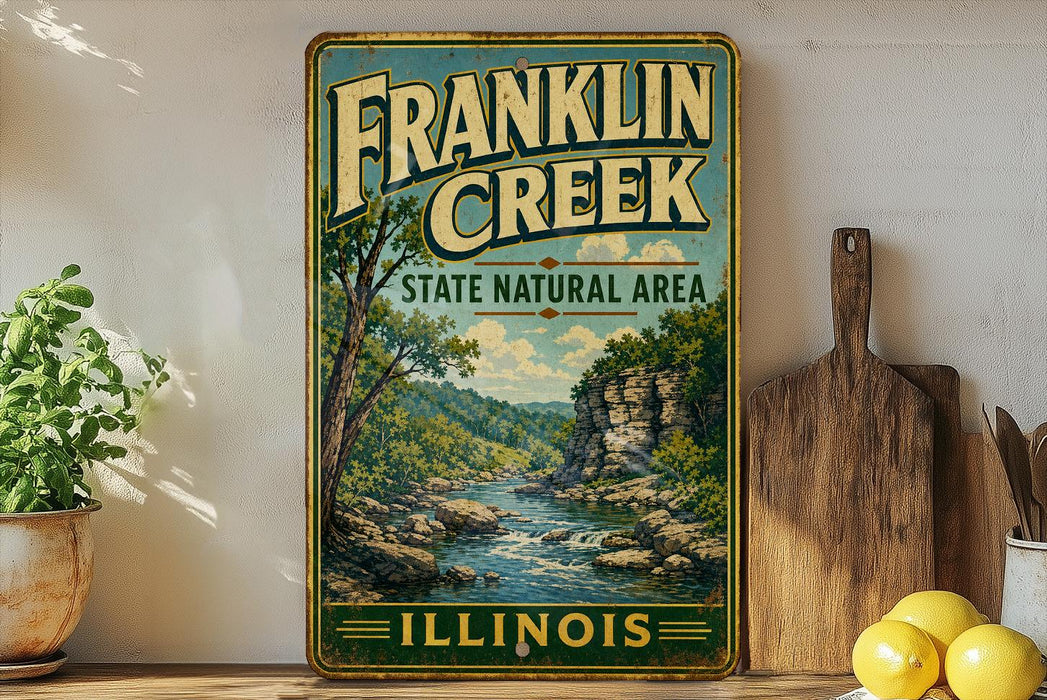 A vintage Franklin Creek State Natural Area sign is displayed on a shelf, surrounded by kitchen utensils and a potted plant.