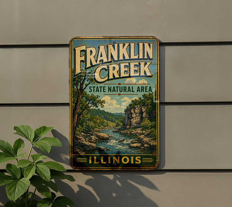 A vintage Franklin Creek State Natural Area sign is displayed on a wall, featuring a scenic illustration of the creek surrounded by lush greenery.