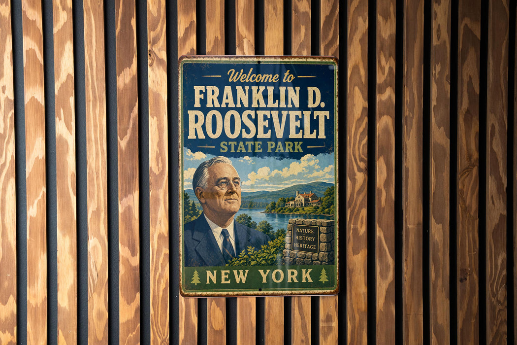 A vintage-style metal sign welcoming visitors to Franklin D. Roosevelt State Park in New York.