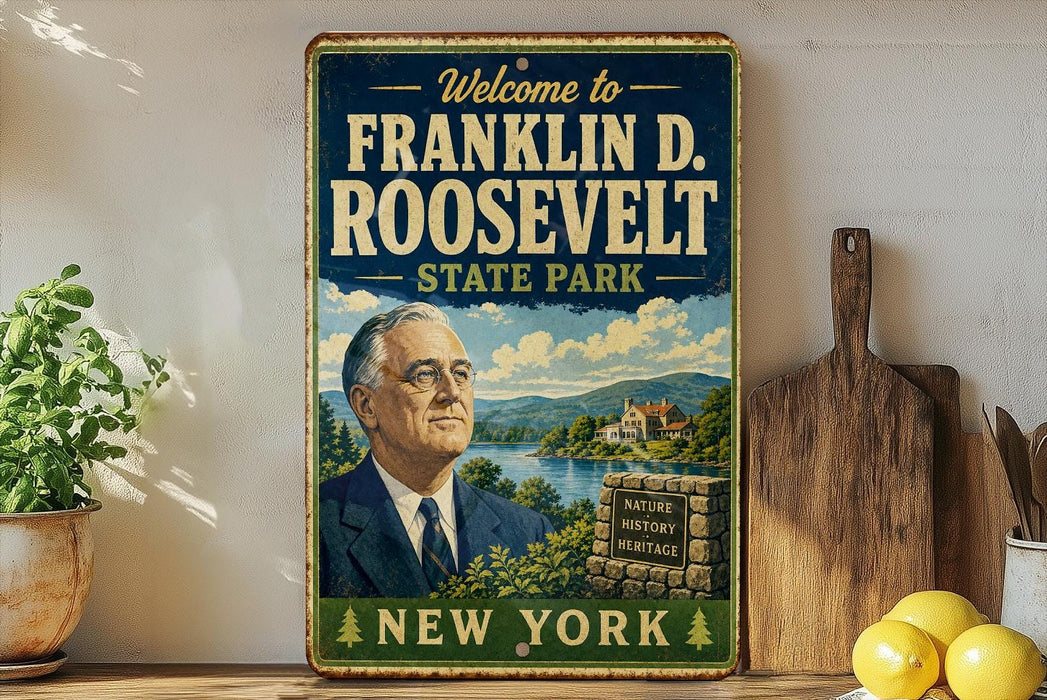 a vintage-style metal sign with a portrait of Franklin D. Roosevelt, the former US President, and text welcoming visitors to the State Park in New York.