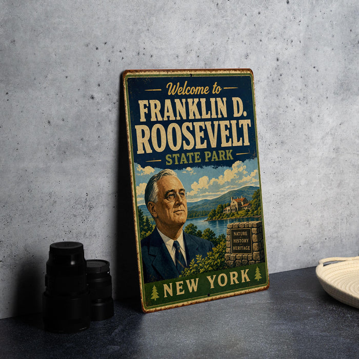 A vintage-style metal sign welcoming visitors to Franklin D. Roosevelt State Park in New York.