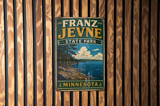 A vintage-style metal sign for Franz Jevne State Park in Minnesota, featuring a scenic landscape with a lake and mountains.