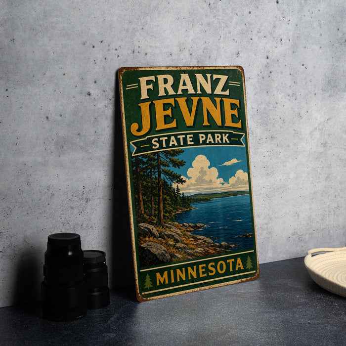 A vintage-style metal sign for Franz Jevne State Park in Minnesota, featuring a scenic landscape with pine trees, a lake, and mountains.