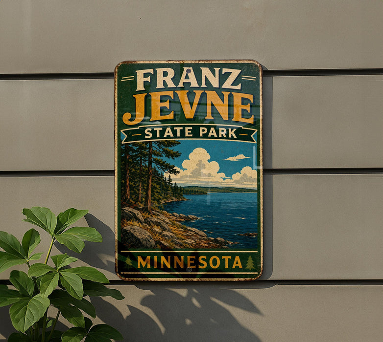 A vintage-style metal sign for Franz Jevne State Park in Minnesota, featuring a scenic landscape with a lake and mountains.