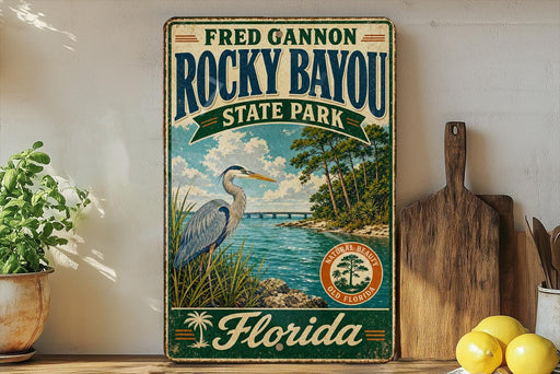 A vintage-style sign for Rocky Bayou State Park in Florida, featuring a heron in the foreground and a scenic landscape with a body of water and trees in the background.