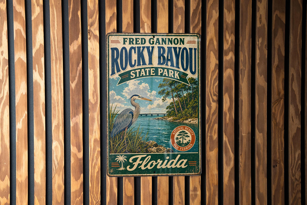 A vintage-style metal sign for Rocky Bayou State Park in Florida, featuring a blue heron and a scenic landscape.