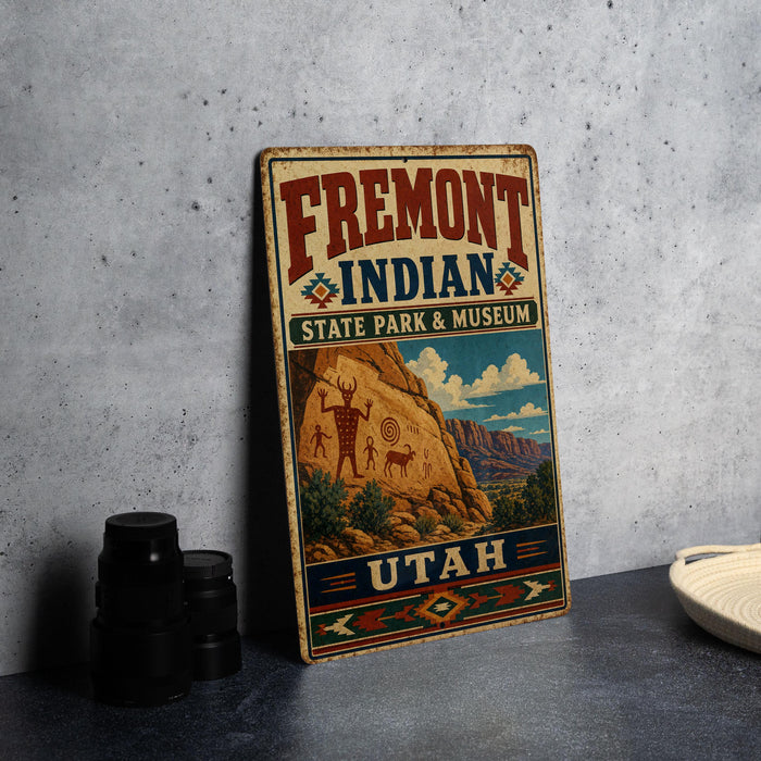 A vintage-style sign for Fremont Indian State Park & Museum in Utah, featuring an illustration of a Native American figure and the text "Fremont Indian State Park & Museum" and "UTAH".