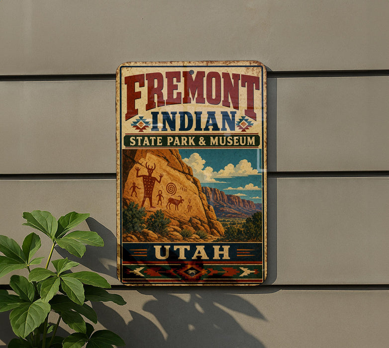 A vintage metal sign for Fremont Indian State Park & Museum, featuring an illustration of a Native American landscape with mountains and a rock formation.